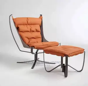 Luxury Leather Orange High Back Lounge Chair With Ottoman