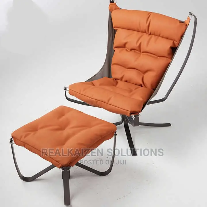 Luxury Leather Orange High Back Lounge Chair With Ottoman