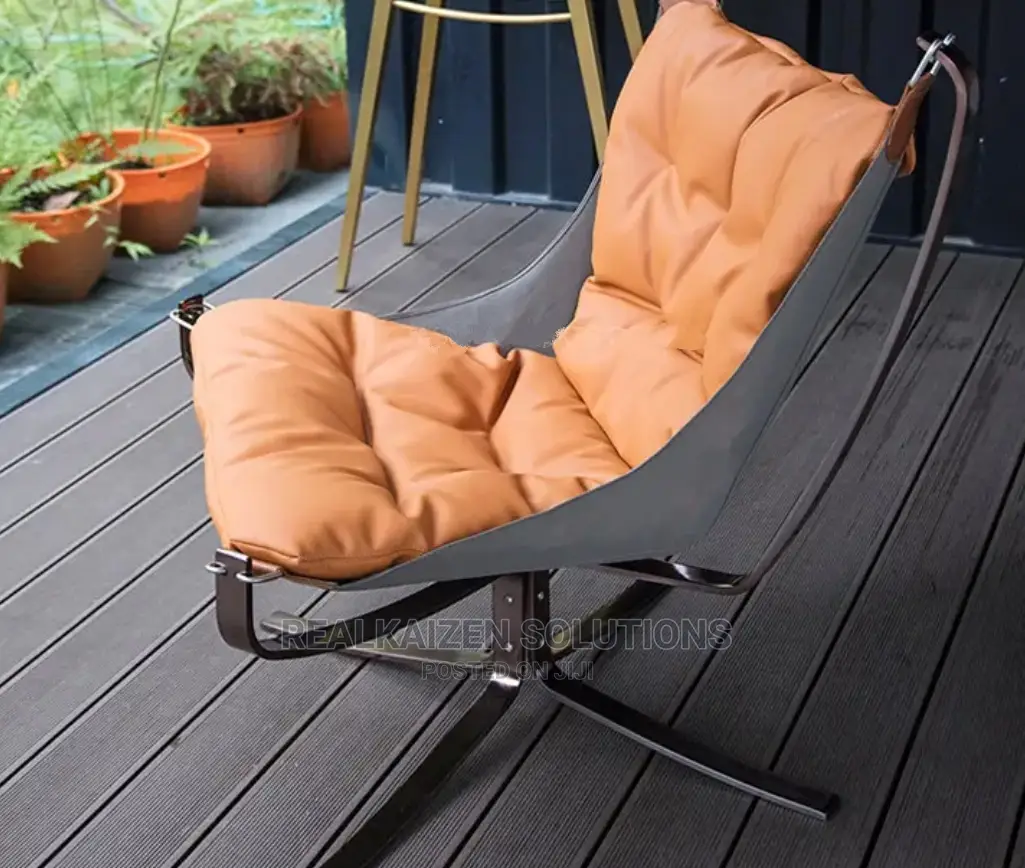 Luxury Leather Orange High Back Lounge Chair With Ottoman