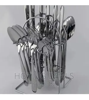 24pcs Hard Cutlery (Forks, Spoons Knives) With A Stand – Silver