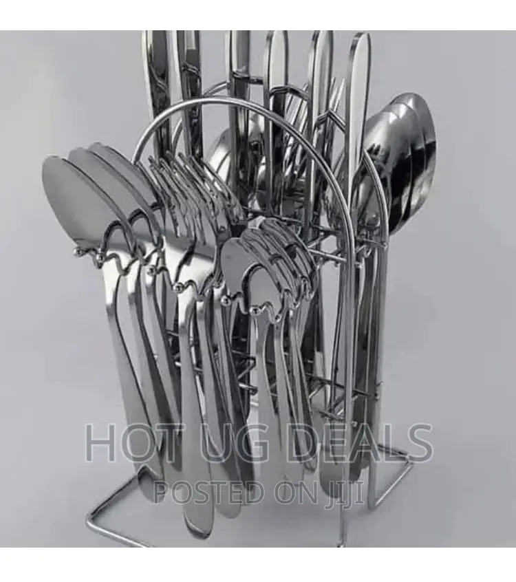 24pcs Hard Cutlery (Forks, Spoons Knives) With A Stand – Silver