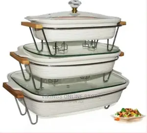 3 Pieces Of Ceramic Chafing/Serving Dishes Warmer, White