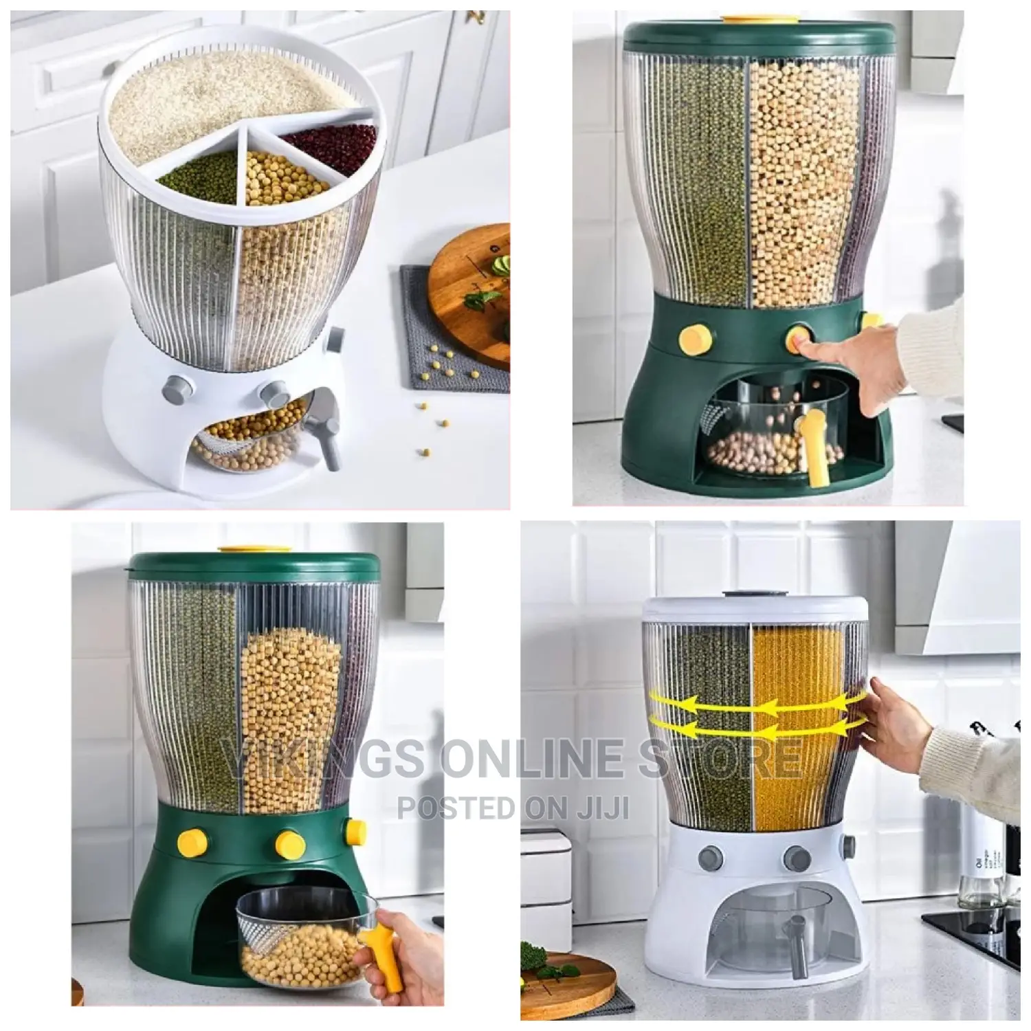 4 Grid Rotating Cereal Food Rice Storage Dispenser -Green