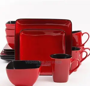 24 Piece Square Plates, Bowls, Cups Dinner Set-Red