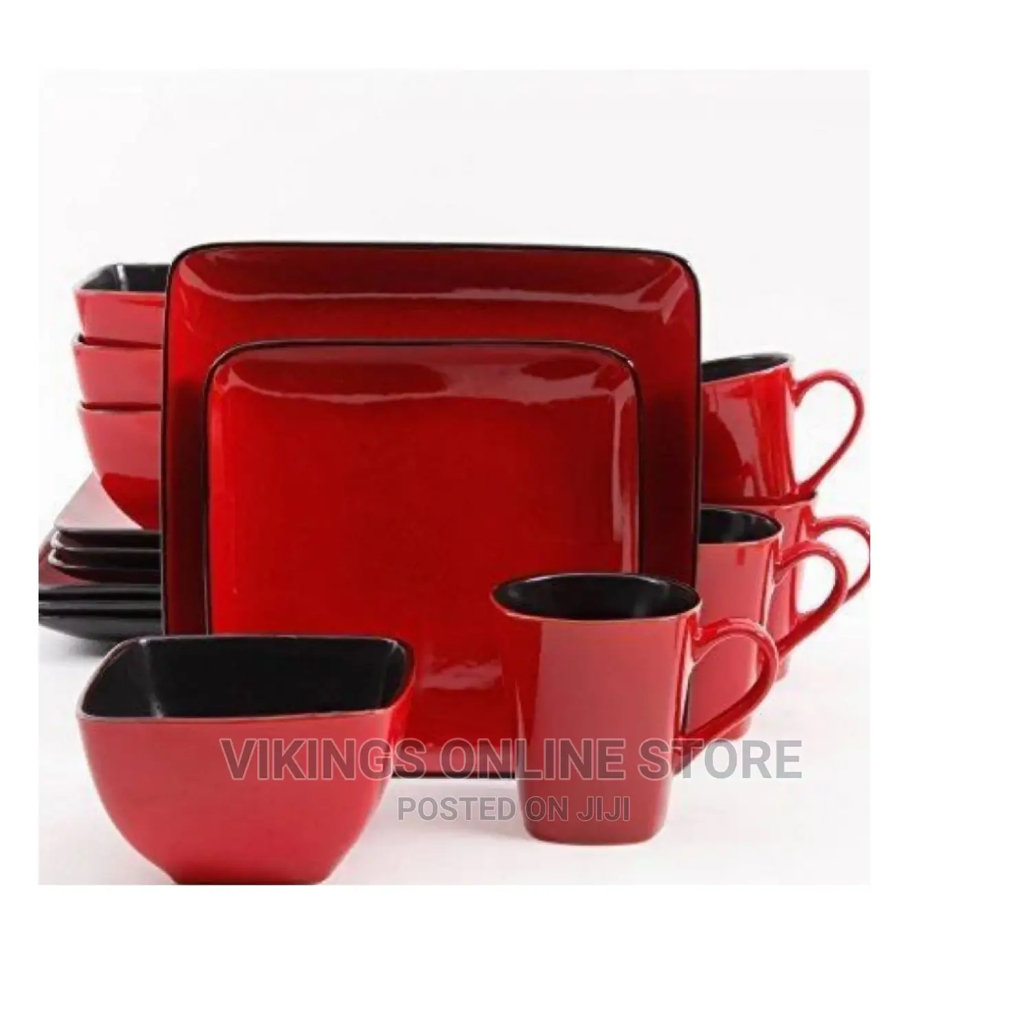 16 Piece Square Plates, Cups, Bowls Dinner Set – Red