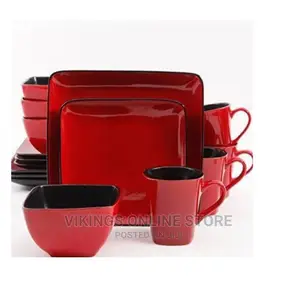 16 Piece Square Plates, Cups, Bowls Dinner Set – Red