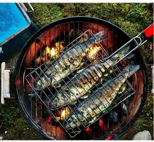 3 Section BBQ Barbeque Fish Charcoal Grill Net Basket-Silver