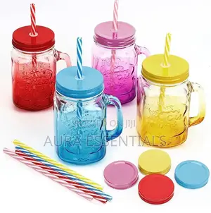 Jar Drinking Glasses With Handle, Lid and Straw