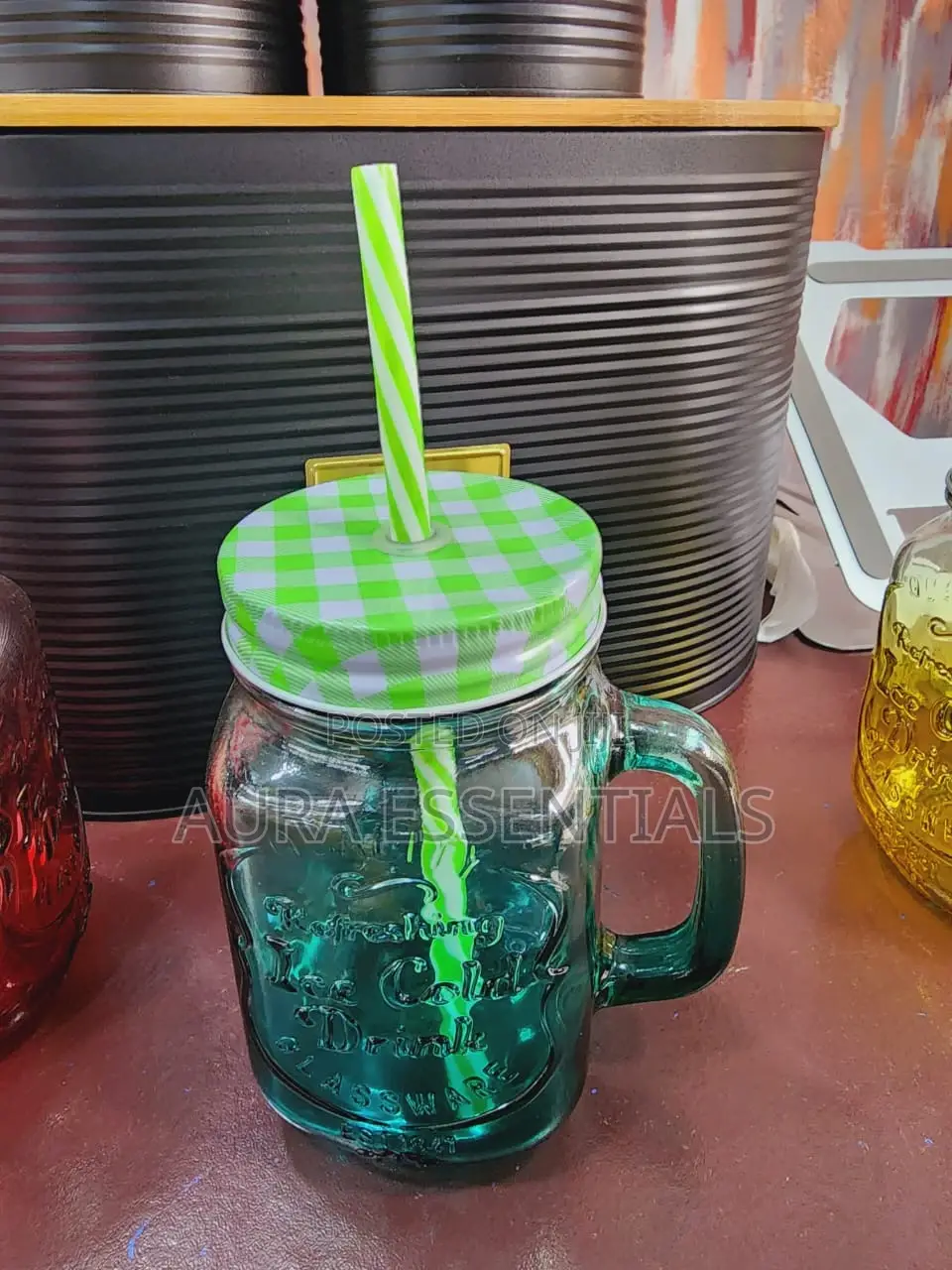 Jar Drinking Glasses With Handle, Lid and Straw