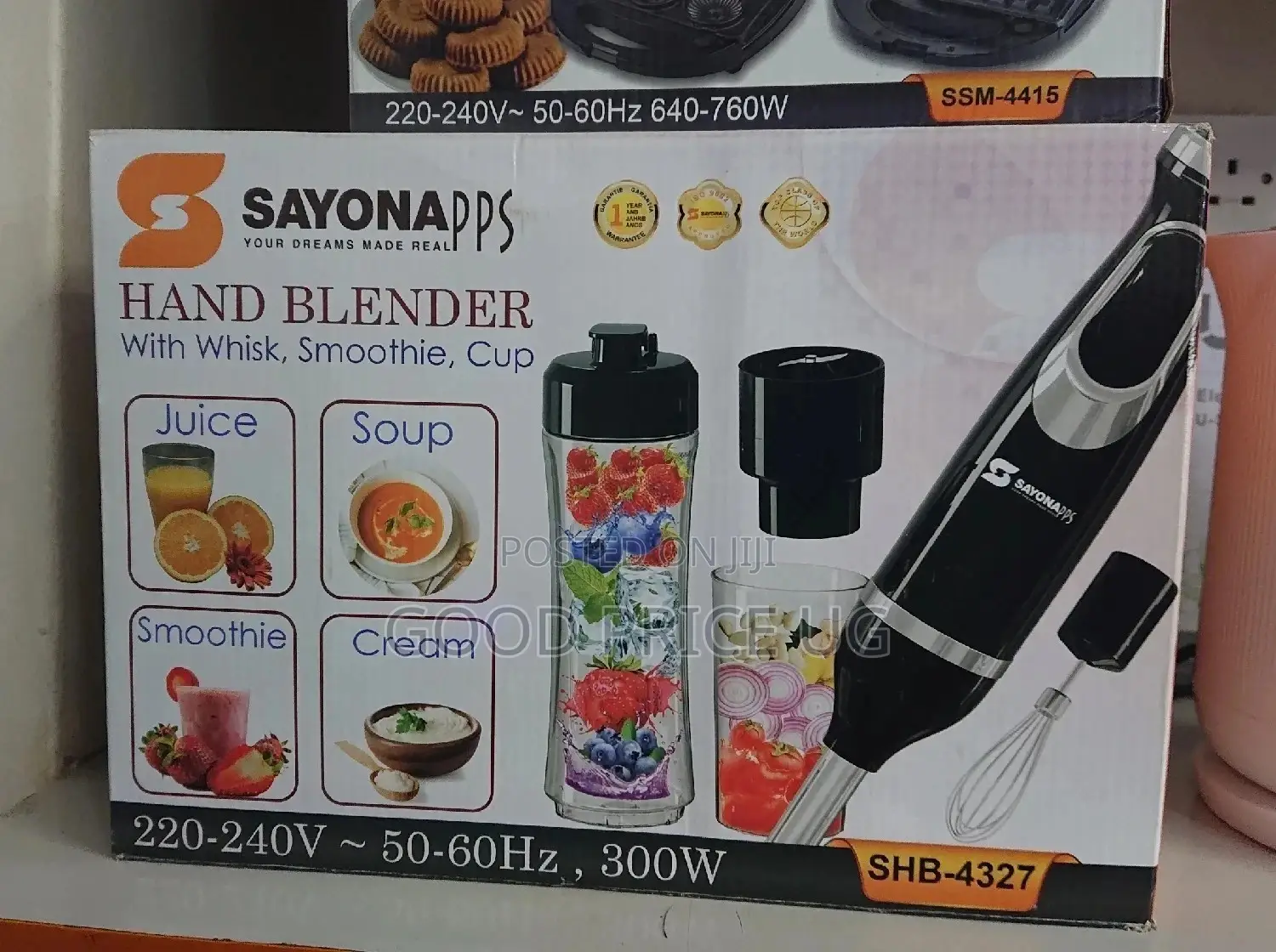 Sayona Hand Blender With Whisk, Smoothie and Cup.