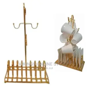6 Cups and Saucers Stand Holder Storage Organizer Rack, Gold