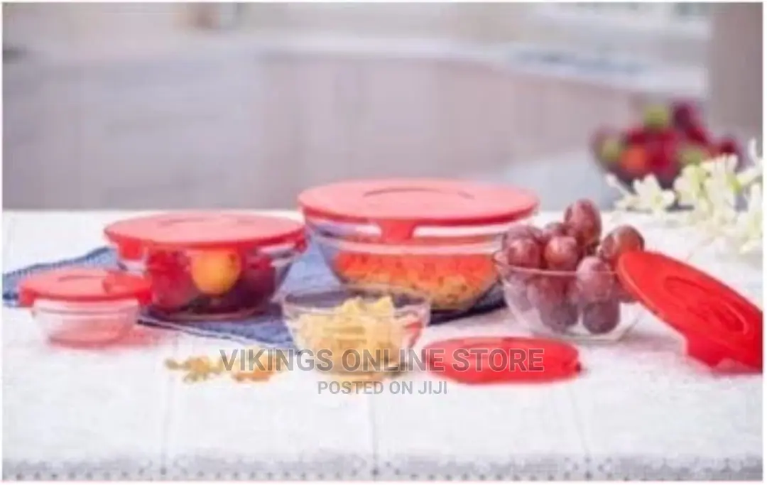 5 Piece Glass Bowl Set With Matching Red Plastic Lids