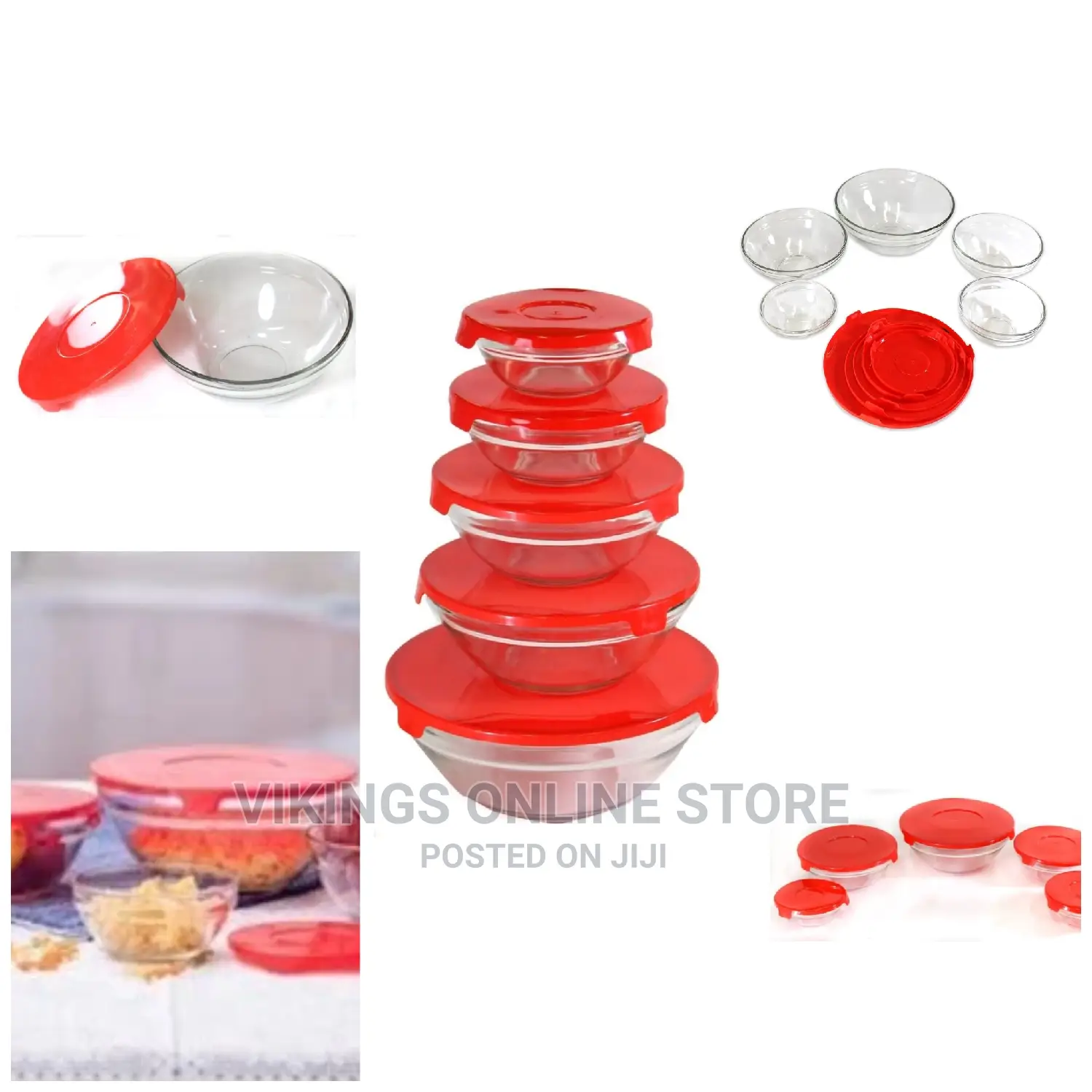 5 Piece Glass Bowl Set With Matching Red Plastic Lids