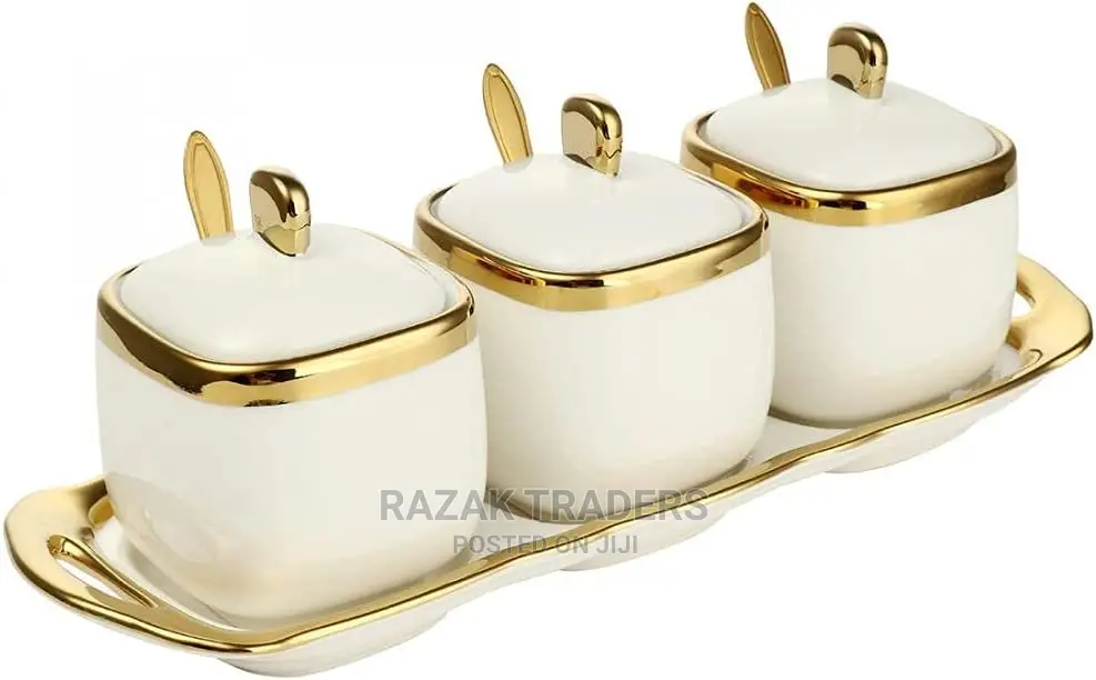 3 Pack Ceramic Sugar Bowls Set- Containers With Spoons