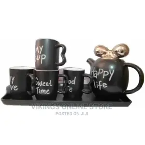 4 Pieces of Tea Coffee Cups, Teapot and Tray Set- Black
