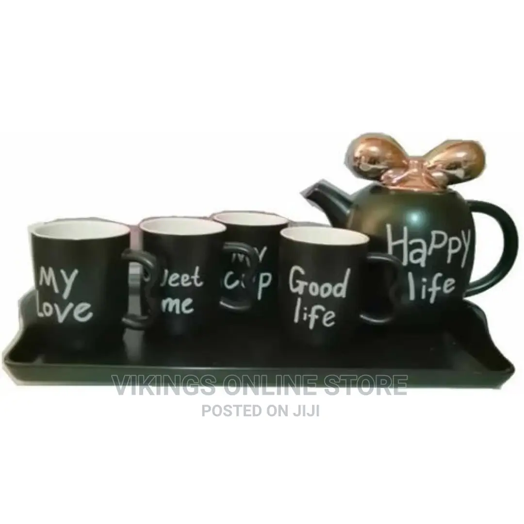 4 Pieces of Tea Coffee Cups, Teapot and Tray Set- Black