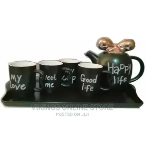 4 Pieces of Tea Coffee Cups, Teapot and Tray Set- Black