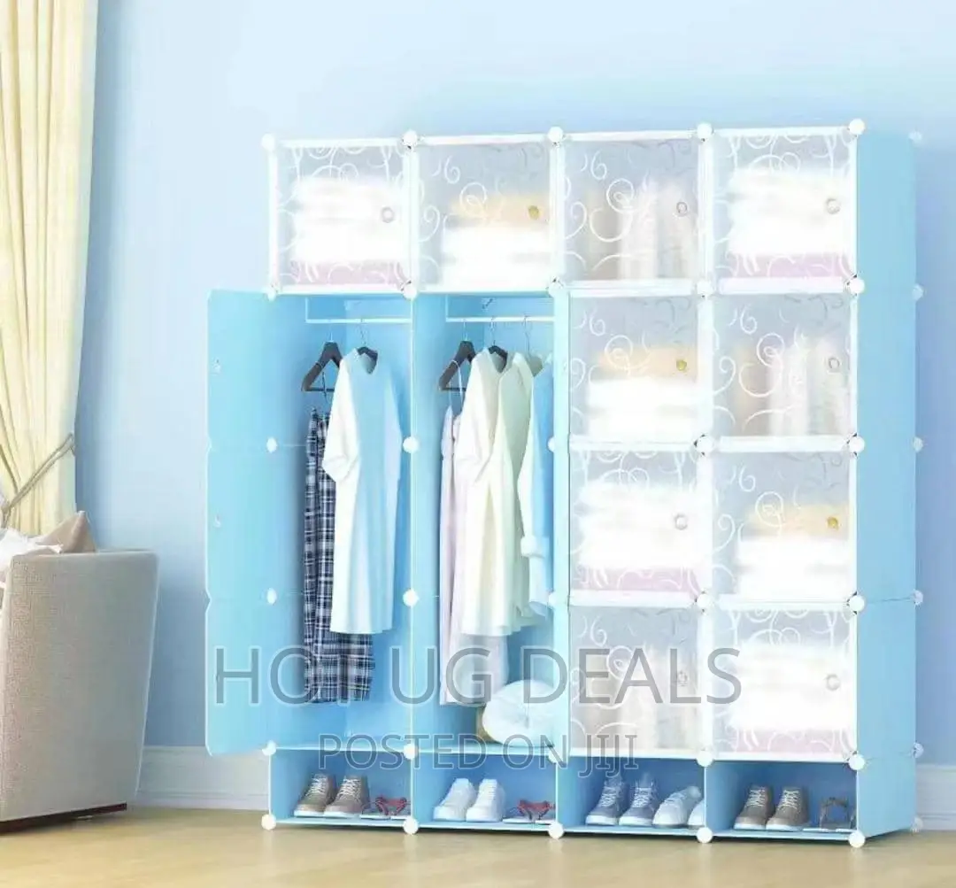4 Column Cloth Plastic Wardrobe With Shoe Rack - Light Blue
