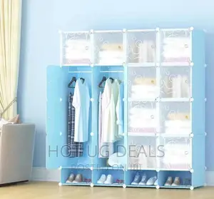 4 Column Cloth Plastic Wardrobe With Shoe Rack - Light Blue