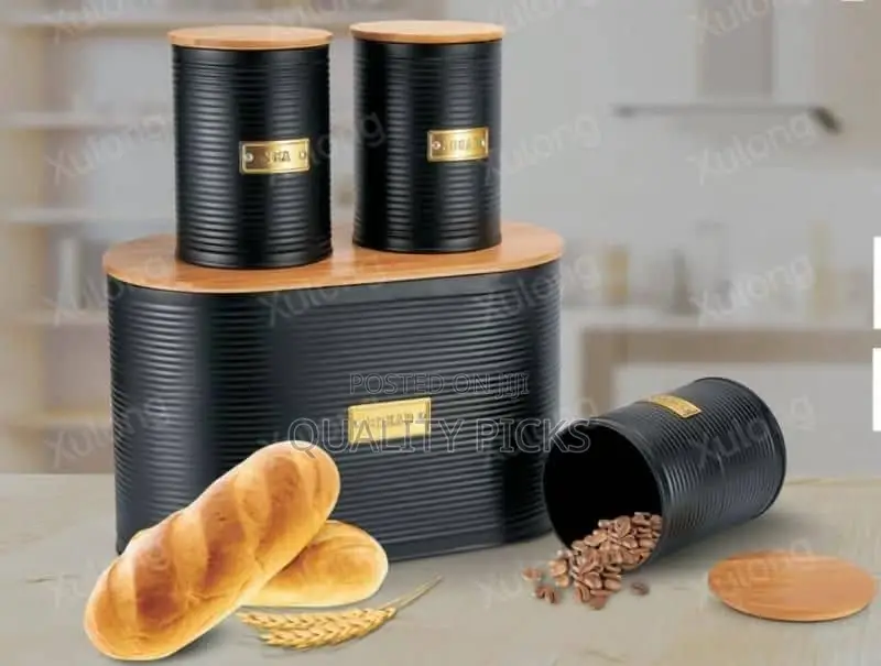 Black Ribbed Tea Coffee Sugar Set Canister With Bread Bin