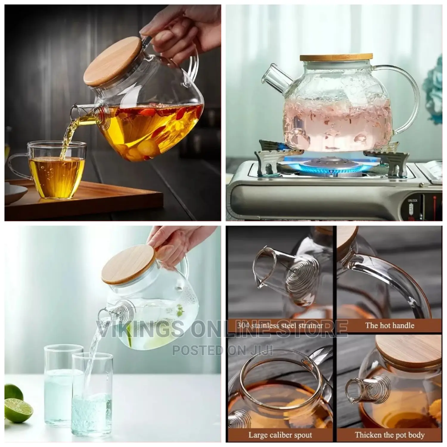 1000ml Glass Teapot Kettle Whistle Infuser Bamboo Lid-