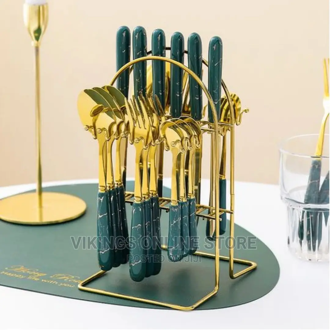 24pcs Gold Cutlery (Forks,Spoons Knieves) With Stand-
