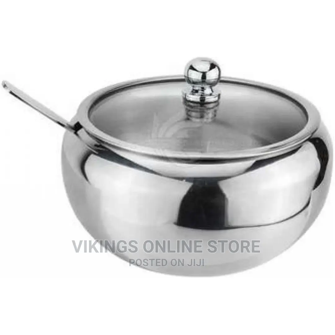 Steel Sugar Bowl With Spoon and Glass Lid Container Jar Pot
