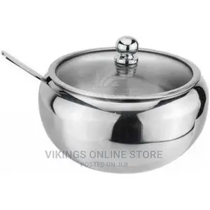 Steel Sugar Bowl With Spoon and Glass Lid Container Jar Pot