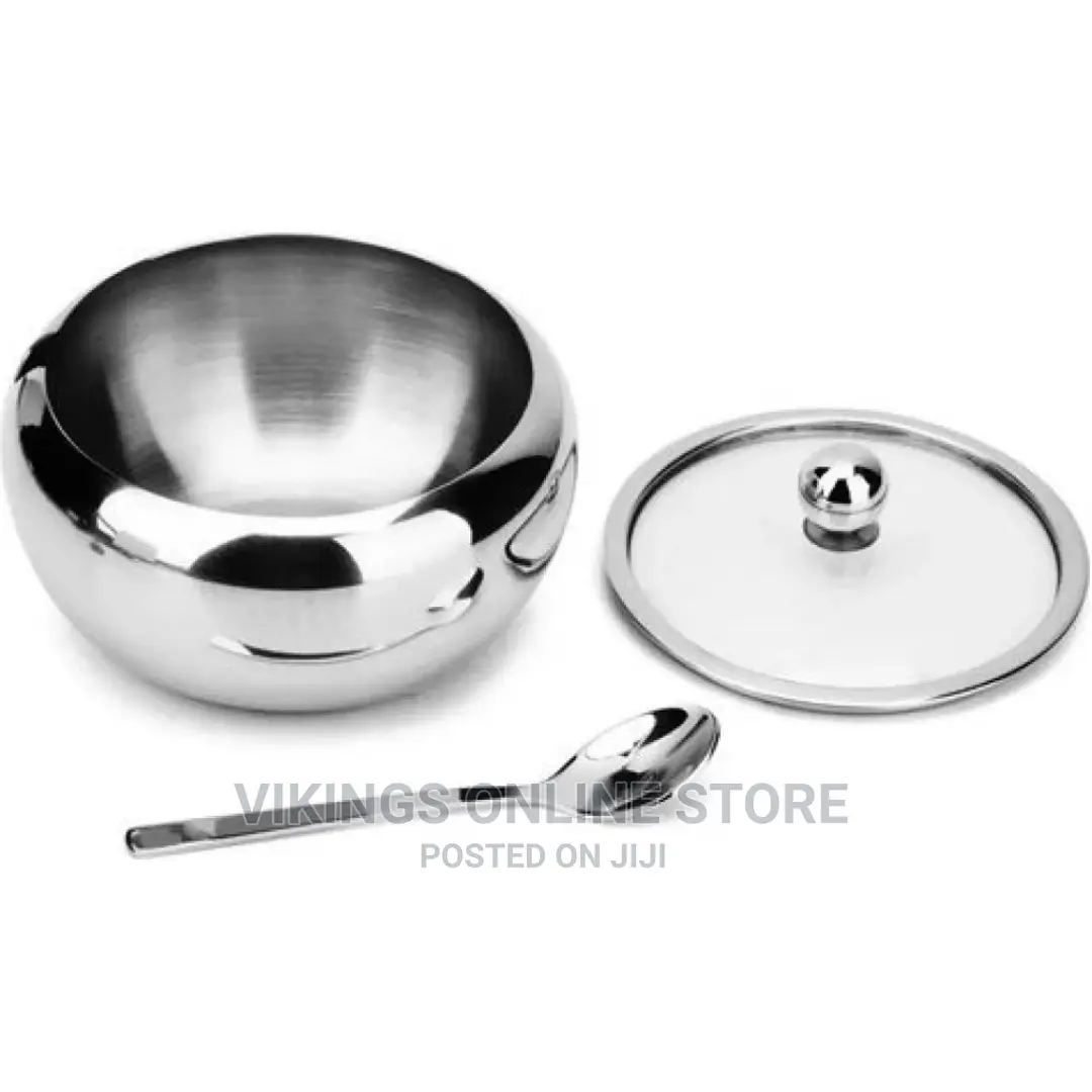 Steel Sugar Bowl With Spoon and Glass Lid Container Jar Pot