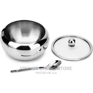 Steel Sugar Bowl With Spoon and Glass Lid Container Jar Pot