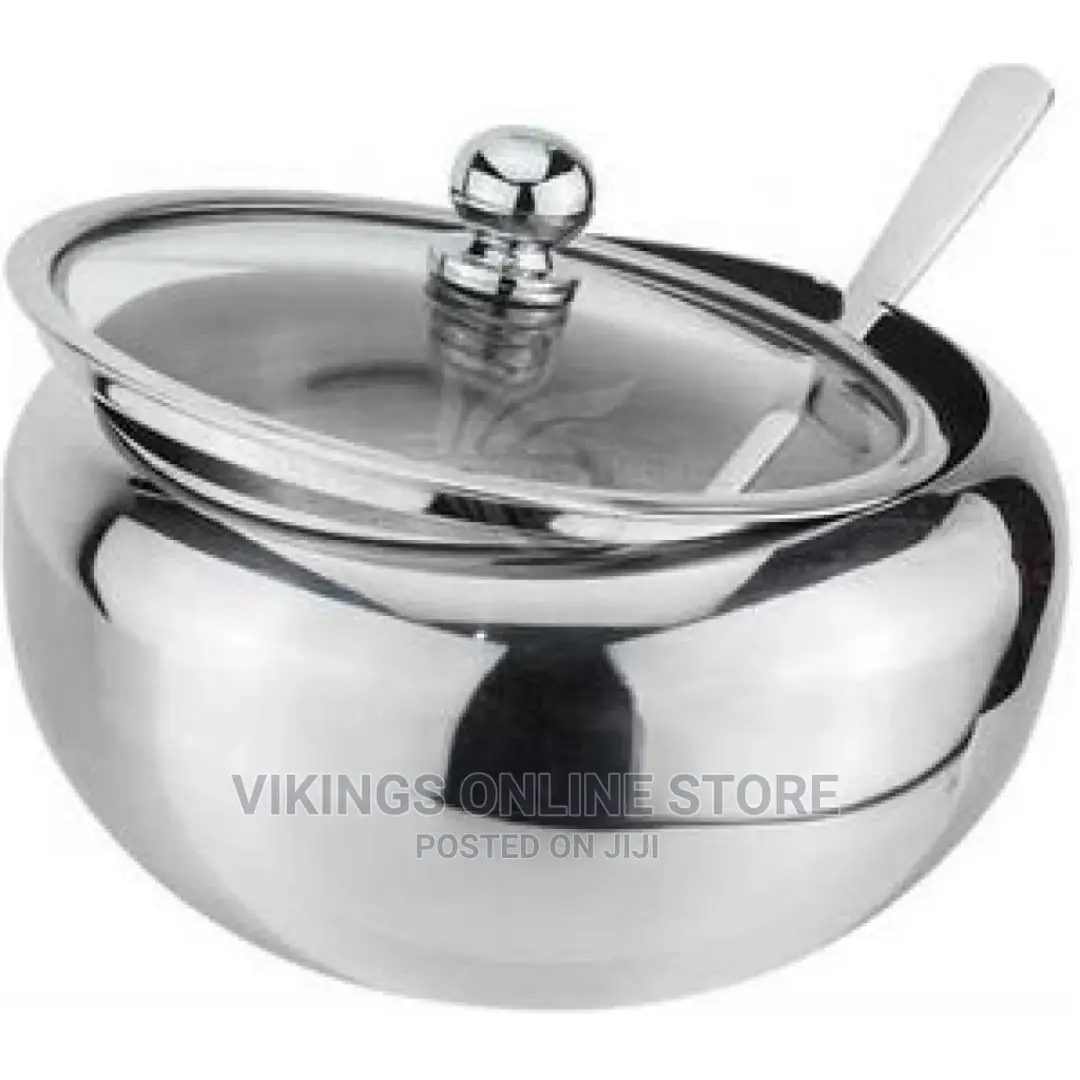Steel Sugar Bowl With Spoon and Glass Lid Container Jar Pot