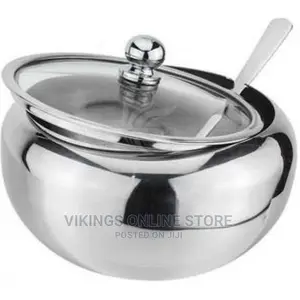 Steel Sugar Bowl With Spoon and Glass Lid Container Jar Pot