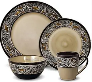 16 Piece Leaf Design Plates, Cups, Bowls Dinner Set –Cream