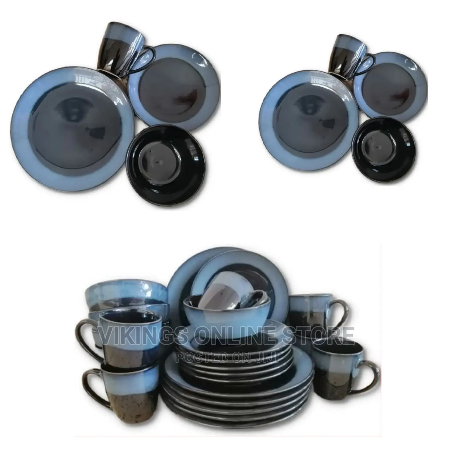 16 Piece Blue Rim Plates, Cups, Bowls Dinner Set – Black