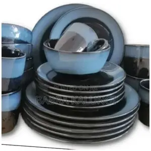 24 PCS of Blue Rim Plates, Bowls, Cups Dinner Set _ Black