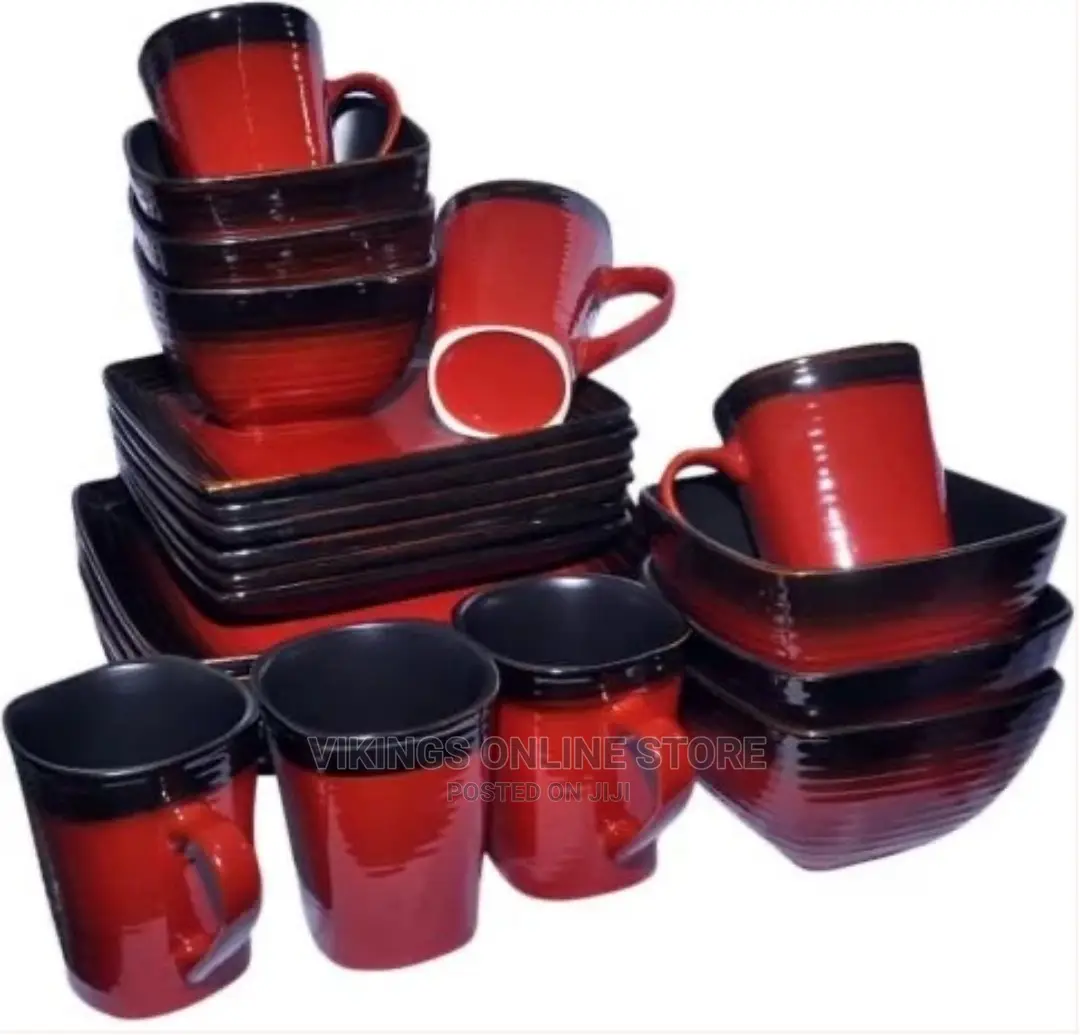 24 Piece Square Plates,Bowls,Cups Dinner Set,Red