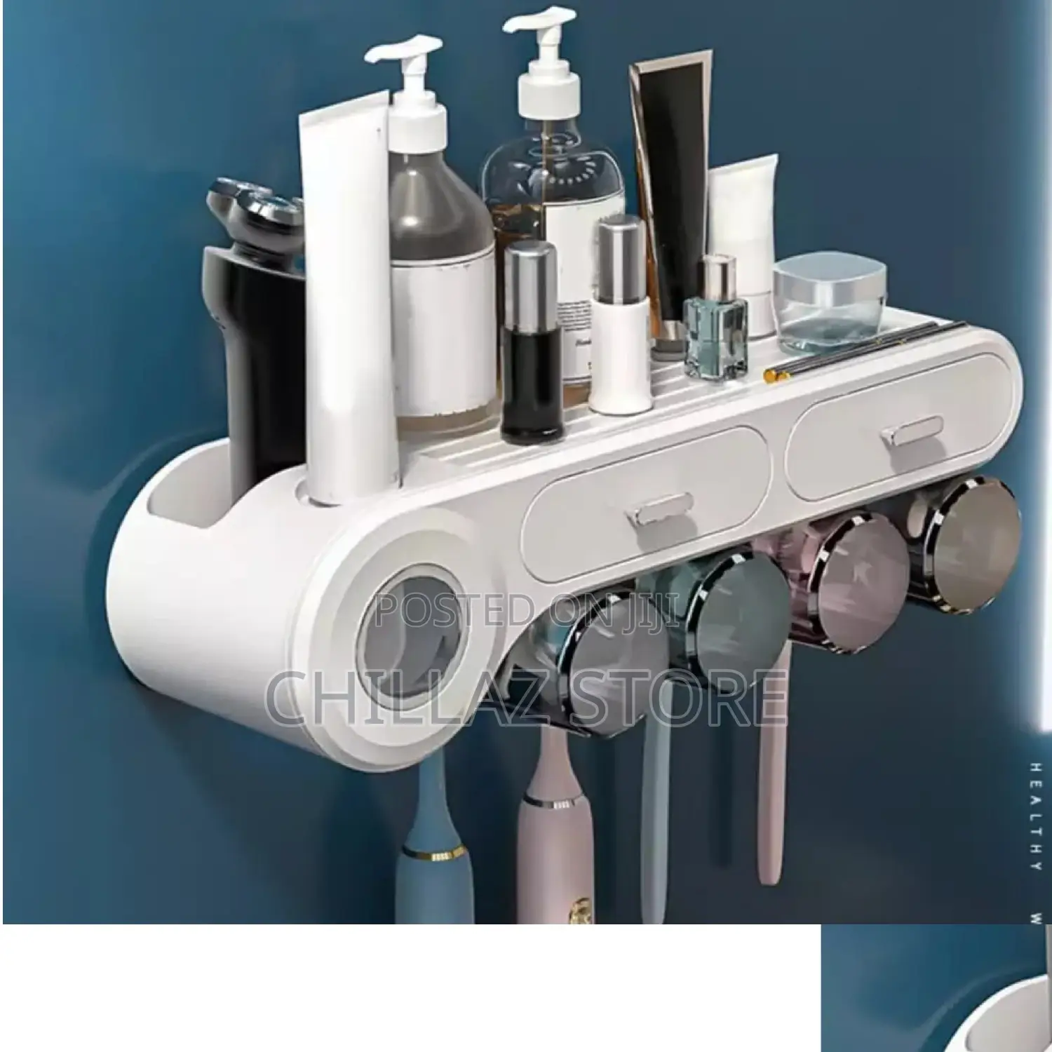 Toothbrush Holder and Toothpaste Dispenser.