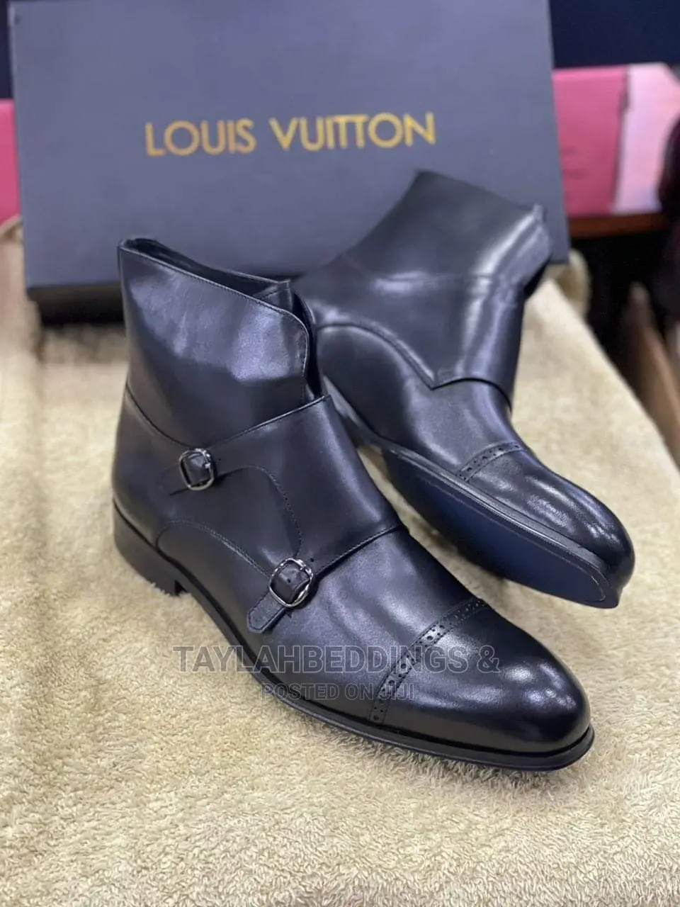 Mens Black Double Monk Strap Boot High Quality Pure Leather