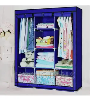 3 Column Cloth Metallic Frame Portable Wardrobe -Blue
