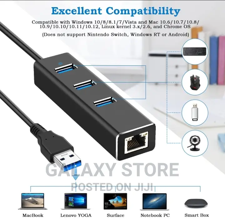 Usb 3.0 Splitter Adapter With 3 Ports Rj45 Gigabit Network