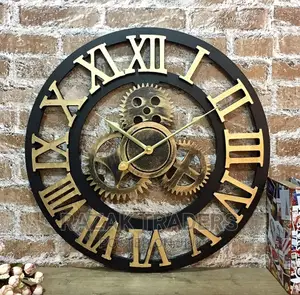 Large Vintage Gear Wall Clock, 3D Gold Roman Numeral