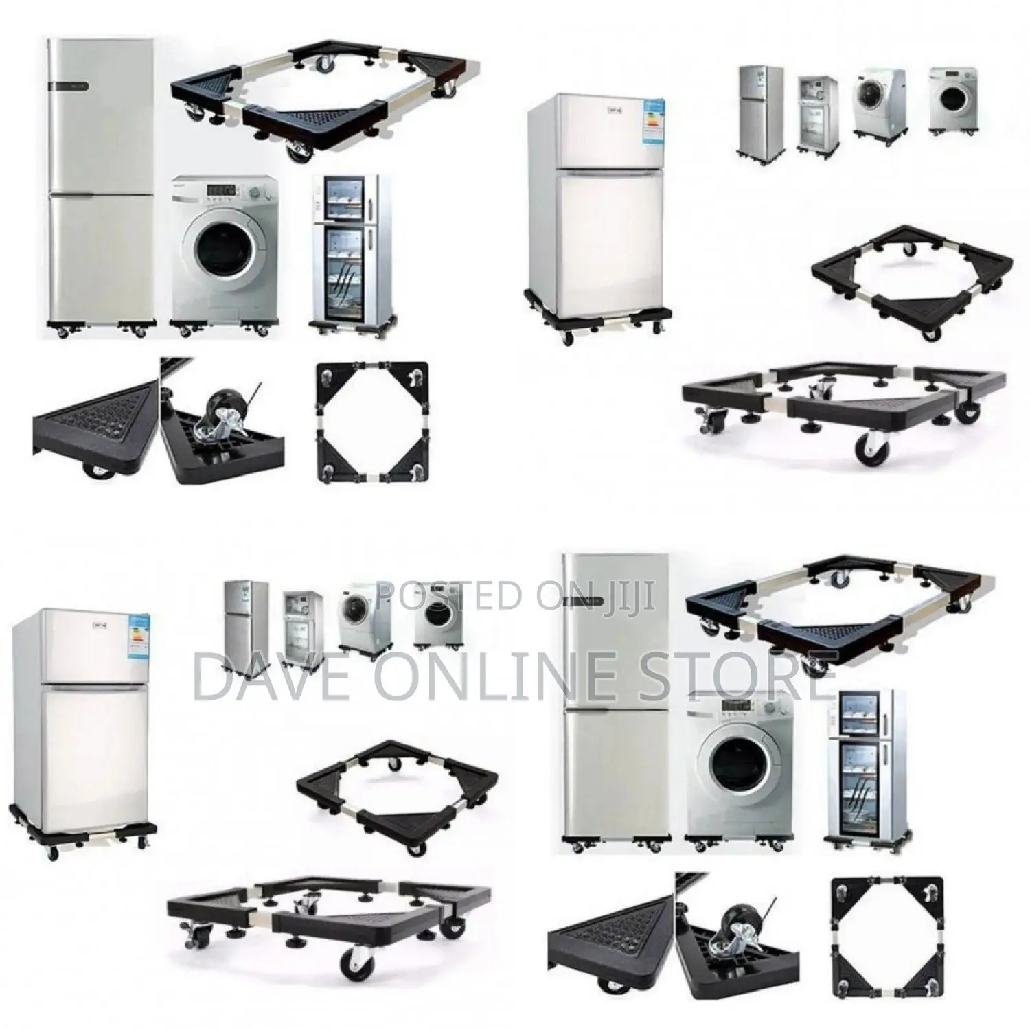 Adjustable Washing Machine and Fridge Stand Trolley - Black.