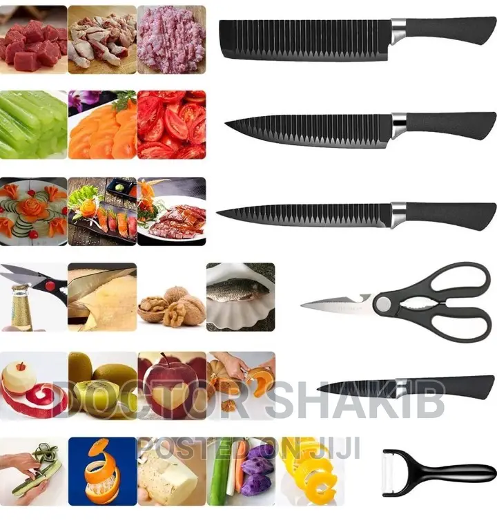 6pcs Nonstick Black Kitchen Wavy Pattern Knife Set