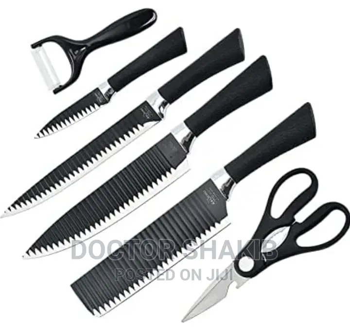 6pcs Nonstick Black Kitchen Wavy Pattern Knife Set