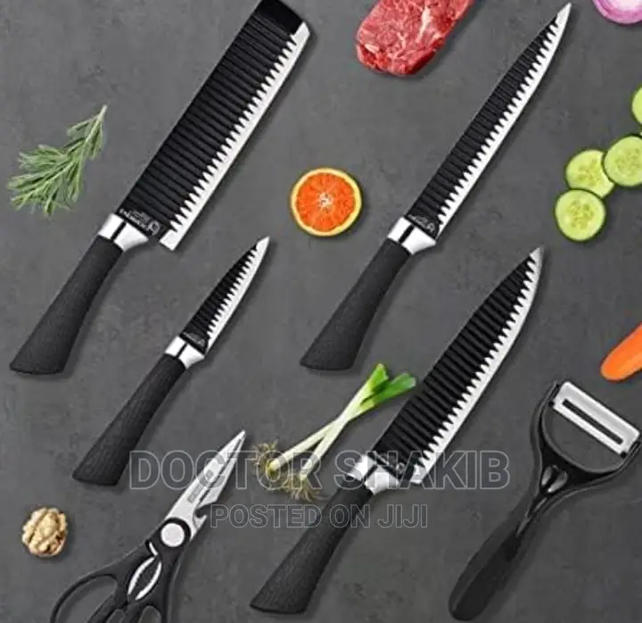 6pcs Nonstick Black Kitchen Wavy Pattern Knife Set