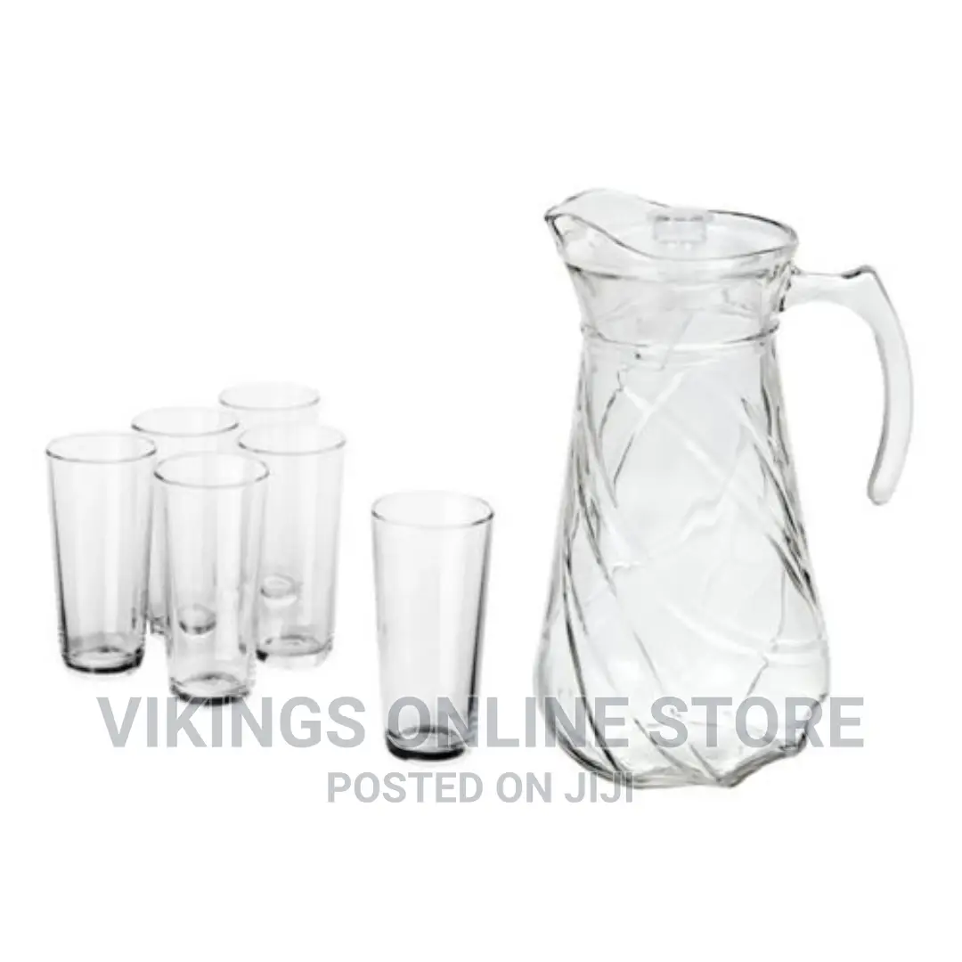 6 Long Drinking Glasses Plus 1 Glass Jug-Transparent