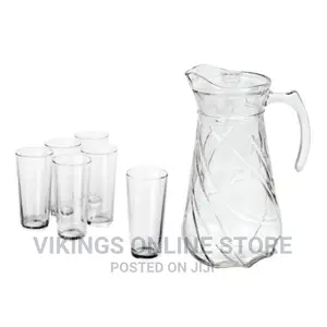 6 Long Drinking Glasses Plus 1 Glass Jug-Transparent