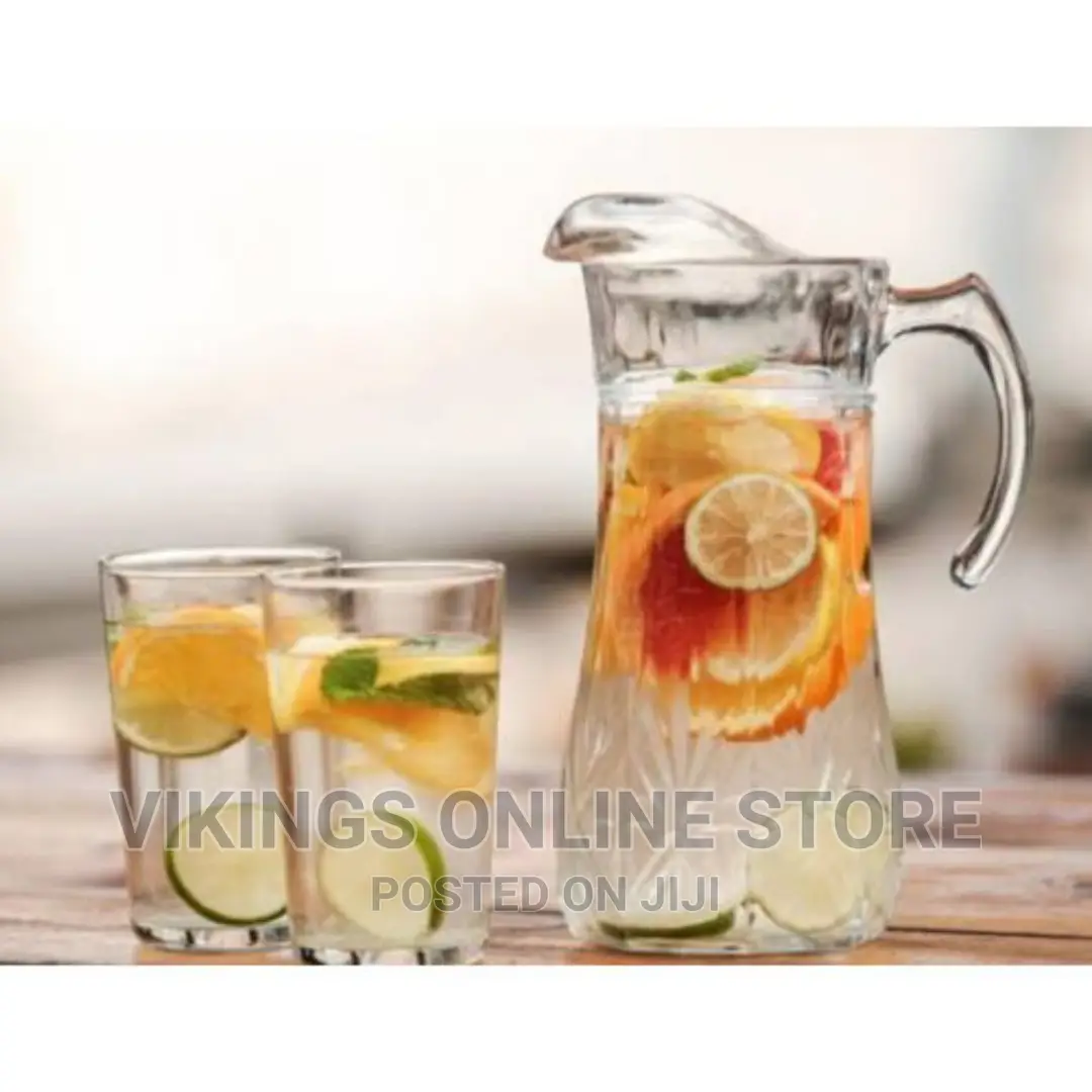 6 Long Drinking Glasses Plus 1 Glass Jug-Transparent