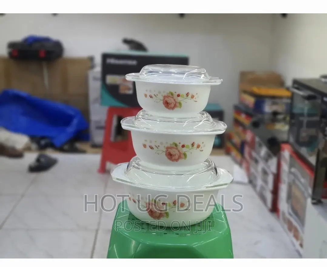 3 Set Floral Serving Dishes With Glass Lids - White.