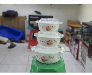 3 Set Floral Serving Dishes With Glass Lids - White.